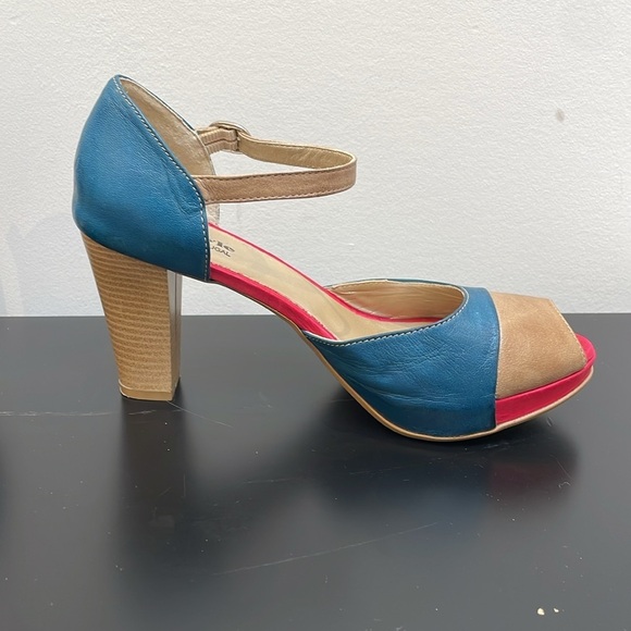Le Style open toe strap leather heels 6.5 platform pink blue nude summer shoe - Picture 5 of 11
